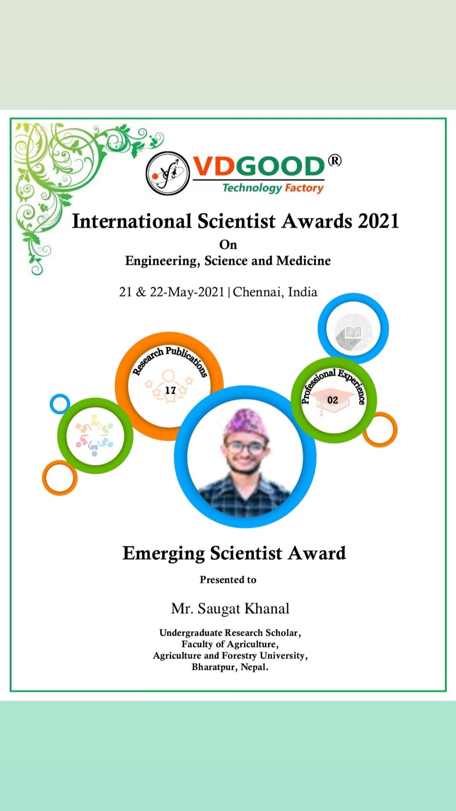 International Scientist Award (Emerging Scientist Award) certificate