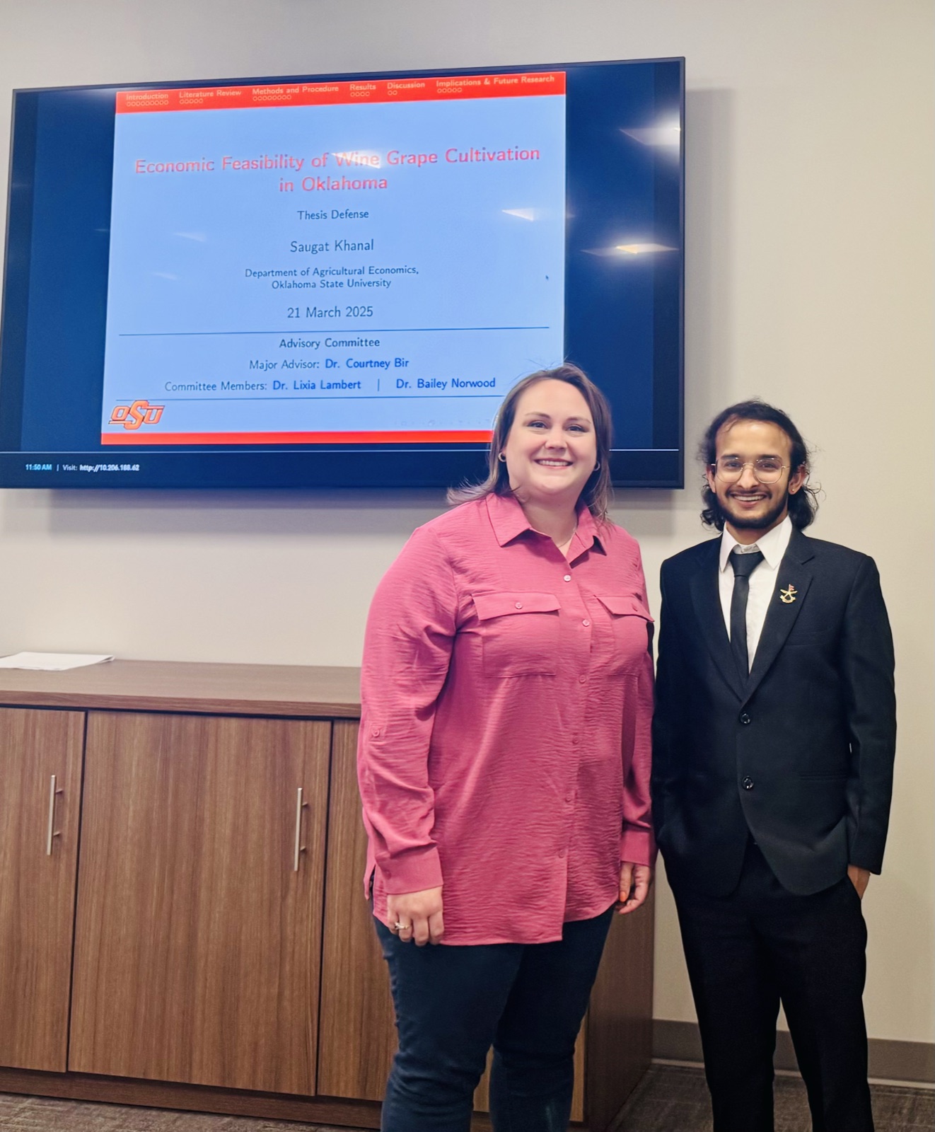 Saugat Khanal with Dr. Courtney Bir at his Master's thesis defense